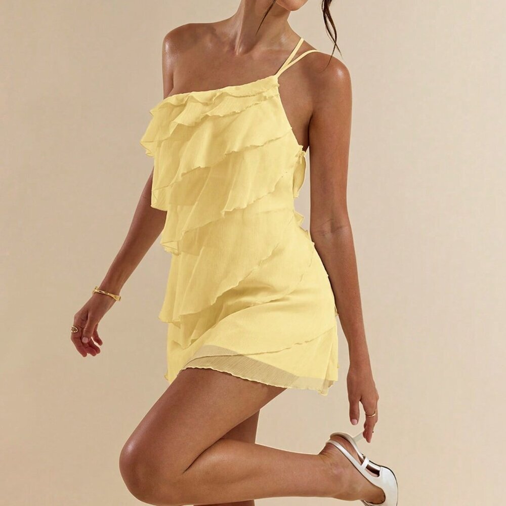 Yellow Party Women's Layered Lotus Leaf Mini Dress - Picture 3 of 7